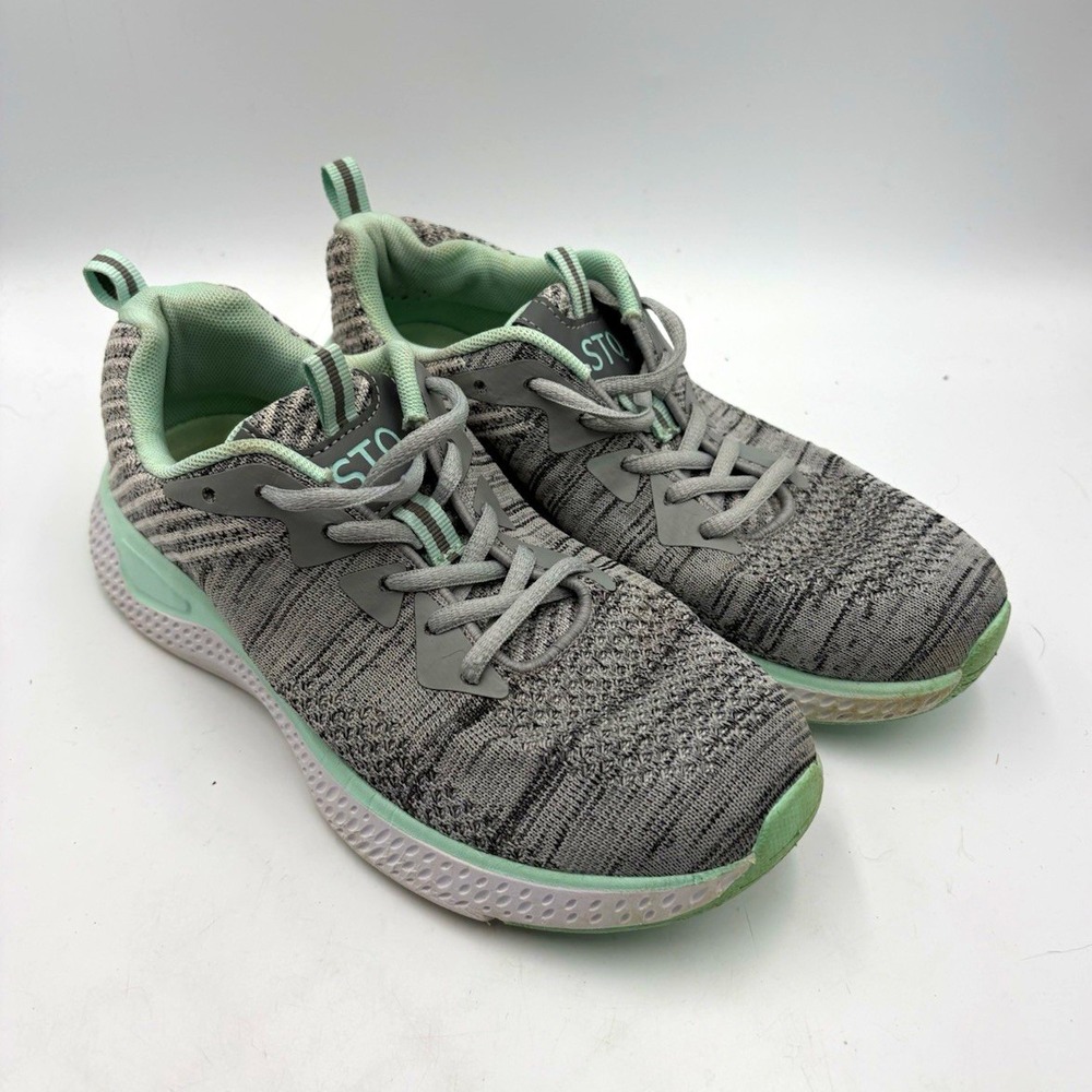 STQ Gray/Mint Green Heathered Knit Lace-Up Low Top Sneakers Rubber Women's 7.5